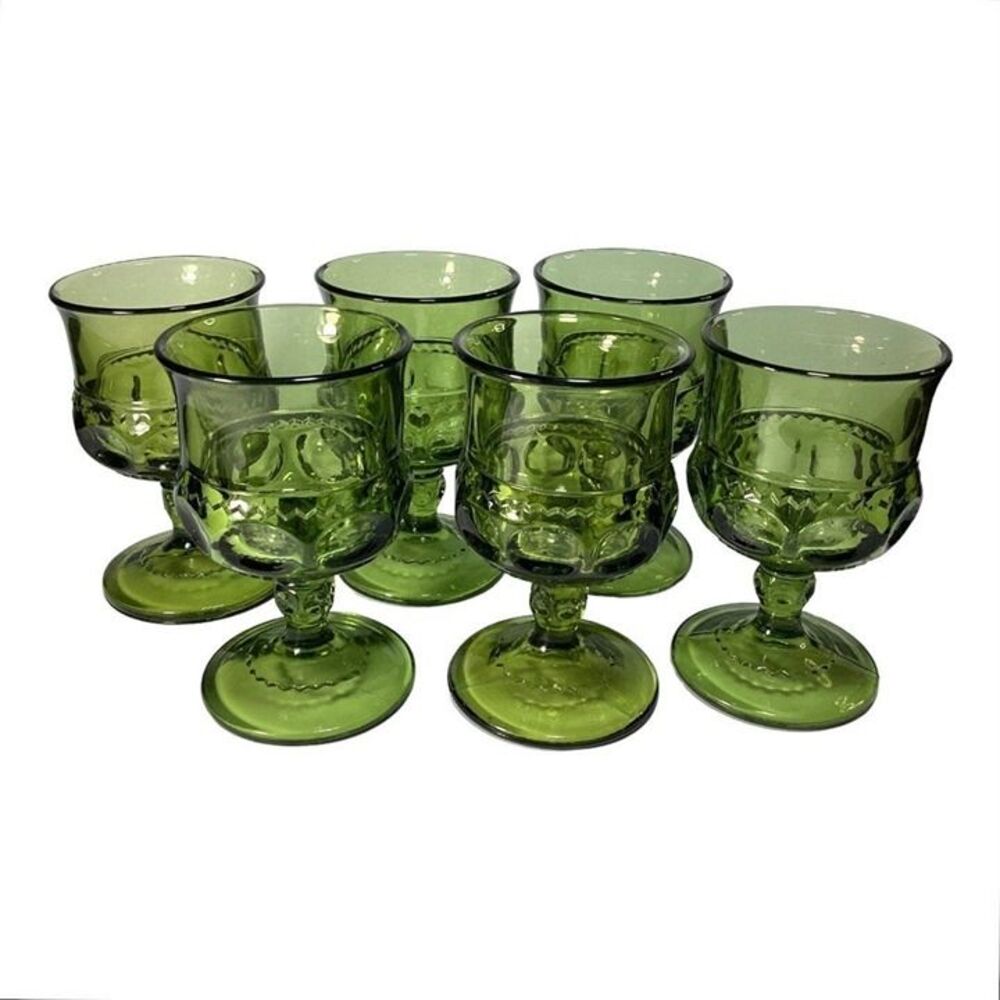 Kings Crown Six Avocado Green Thumb Print Indiana Glass Cordial Glasses
